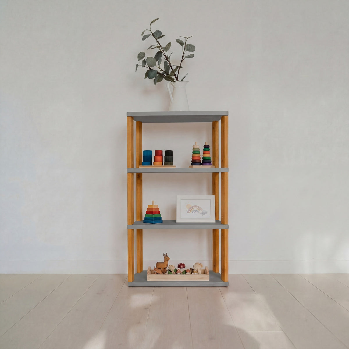 Modular Montessori Shelf Straight Mini - 4 Shelves - Light grey/brownish oil