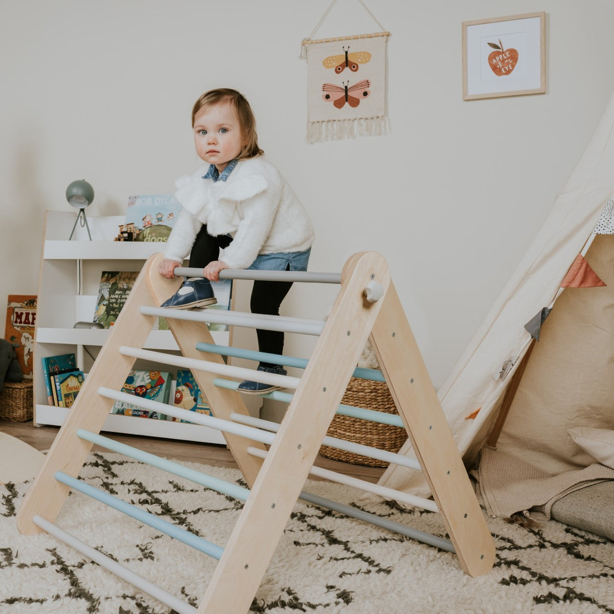 Pikler Triangle Climber with Swedish Wall Add-On (Ages 6m–7y) - Pastel