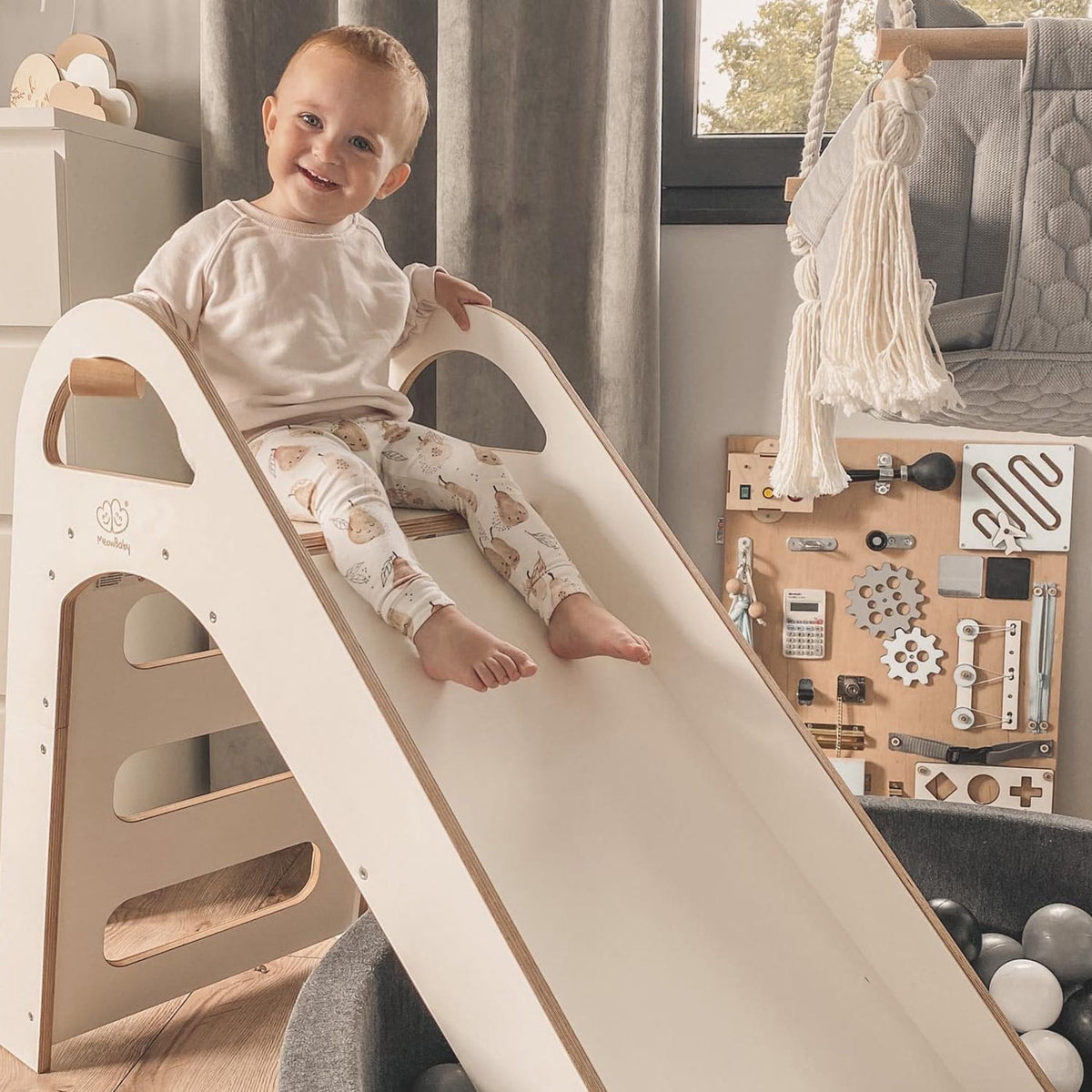 MeowBaby Wooden Indoor Slide, Scandi – White