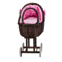 Dark Wicker Doll Stroller Lena – Pink Bedding