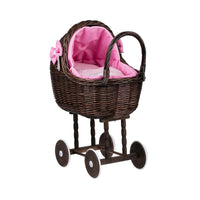 Dark Wicker Doll Stroller Lena – Pink Bedding
