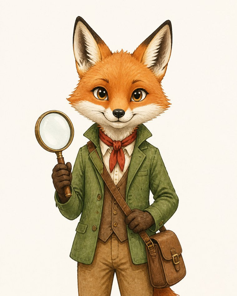 Finn Fox, a fox in a green jacket with a satchel, holding a brass magnifying glass