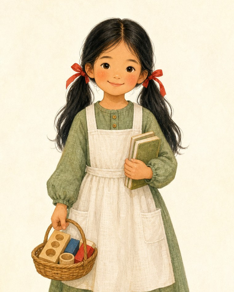 Hazel, a young girl in a green dress and white pinafore holding books and a basket of wooden blocks