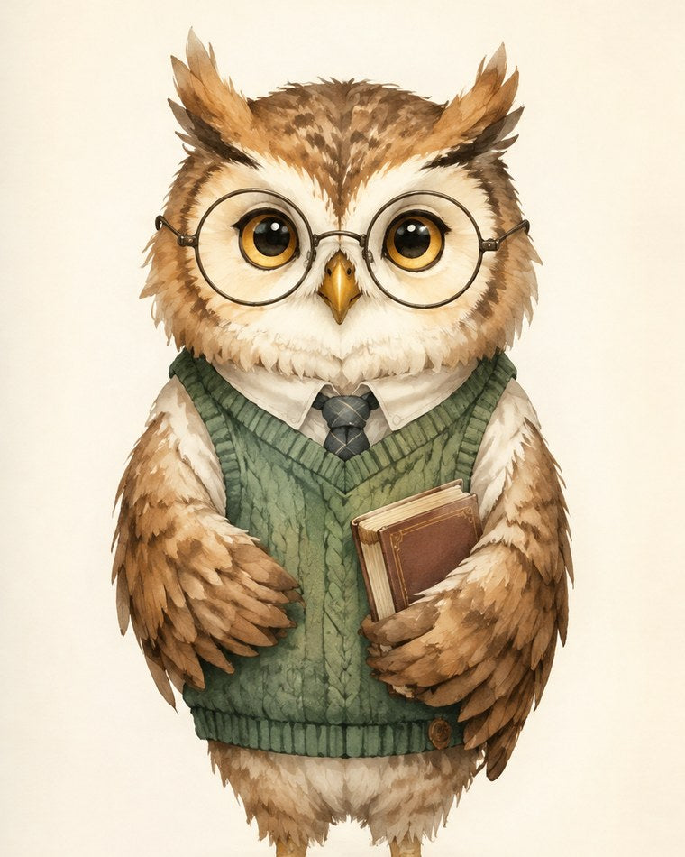 Olive Owl, a young owl in round glasses and a green knitted tank top, holding a book