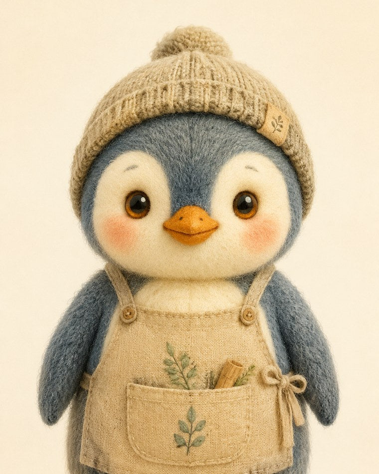 Pip Penguin, a small penguin in a knitted hat and a linen work apron