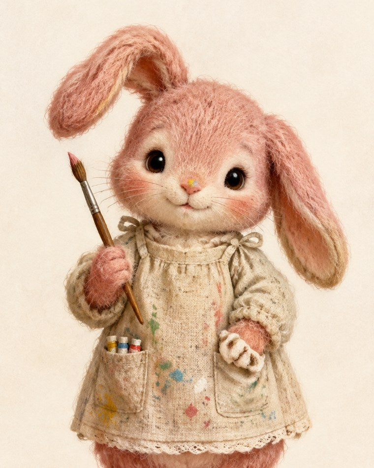 Rosie Rabbit, a soft pink rabbit in a linen smock holding a paintbrush